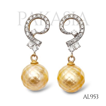 9.7 mm and 9.7 mm, Hanashinju, Gold South Sea Pearl, Dangle Pearl Stud Earrings