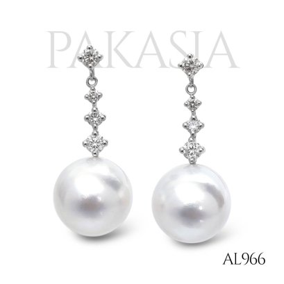 (PSL) 14.9 mm, Aurora Phoenix, White South Sea Pearl, Diamond Dot Three Stones Diamond Dangle Pearl Stud Earrings