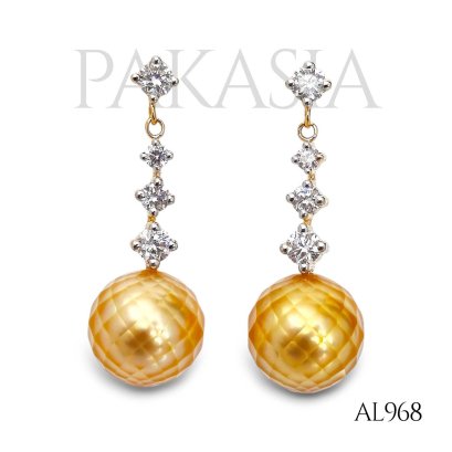 11.7 mm and 11.8 mm, Hanashinju, Gold South Sea Pearl, Diamind Dot Dangle Three Stones Diamond & Pearl Stud Earrings