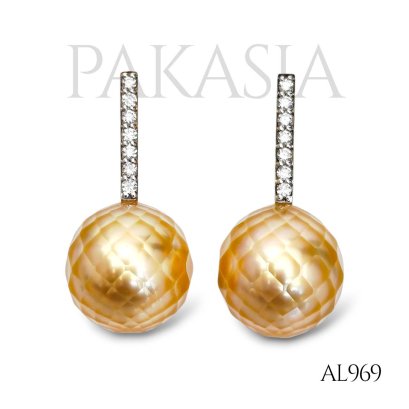 12.0 mm and 12.30 mm, Hanashinju, Gold South Sea Pearl, Diamond Row Stick Pearl, Stud Earrings