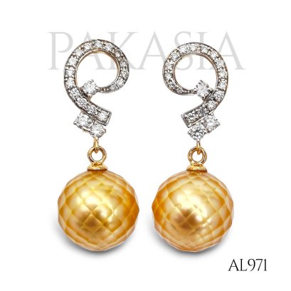 10.9 mm and 10.9 mm, Hanashinju, Gold South Sea Pearl, Commet Diamond Paved Dangle Pearl, Stud Earrings