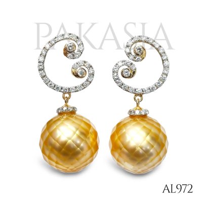 11.5 mm and 11.6 mm, Hanashinju, Gold South Sea Pearl, Diamond Vein Dangle Pearl Stud Earrings