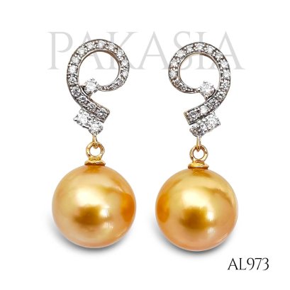 11.6 mm and 11.8 mm, Gold South Sea Pearl, Diamond Commet Dangle Pearl, Stud Earrings