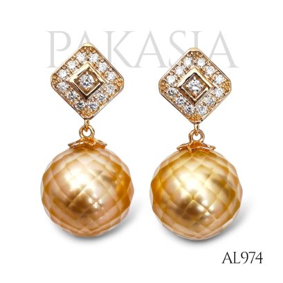 11.6 mm and 11.7 mm, Hanashinju, Gold South Sea Pearl, Rhombus Shaped Dangle Pearl Stud Earrings