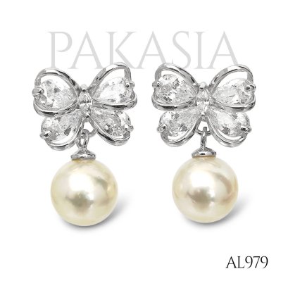 Approx. 7.0 mm, Moonlight, Akoya Pearl, Bow Dangle Pearl Stud Earrings