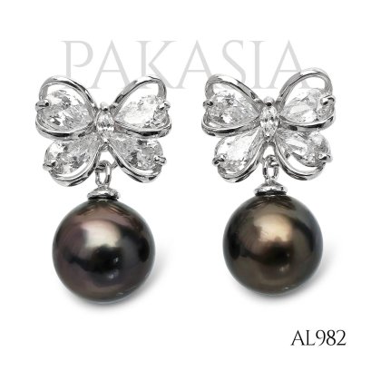 Approx. 8.0 - 9.0 mm, Tahitian Pearl, Bow CZ Dangle Pearl Stud Earrings
