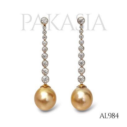 Approx. 12.0 mm, Gold South Sea Pearl, Moissanite Row Ascending Order Dangle Pearl Stud Earrings