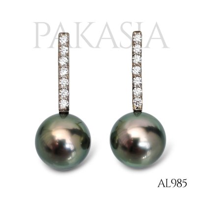 8.8 mm and 8.8 mm, Tahitian Pearl, CZ Row Stick Pearl Stud Earrings