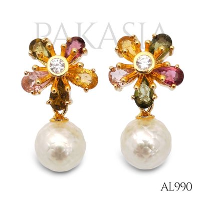 7.7 mm and 7.8 mm, Hanashinju, Akoya Pearl, Mix Gems Flower Dangle Pearl, Stud Earrings