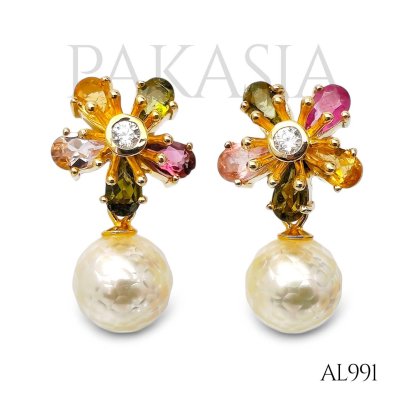 Approx. 8.0 mm, Hanashinju, Akoya Pearl, Mix Gems Flower Dangle Pearl, Stud Earrings