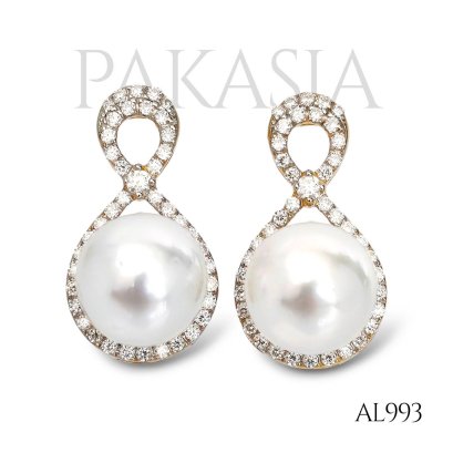 Approx. 10.0 mm, White South Sea Pearl, Infinity Moissanite Paved Pearl Stud Earrings