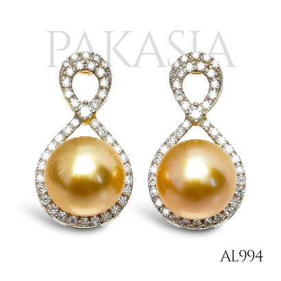 9.9 mm and 9.9 mm, Gold South Sea Pearl, Infinity Moissanite Paved Pearl Stud Earrings