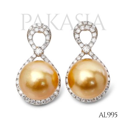 10.5 mm and 10.6 mm, Gold South Sea Pearl, Infinity Moissanite Paved Pearl Stud Earrings