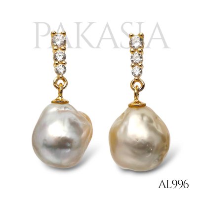 Approx. 9.0 mm, Gold South Sea Pearl, CZ Row Stick Dangle Pearl, Stud Earrings