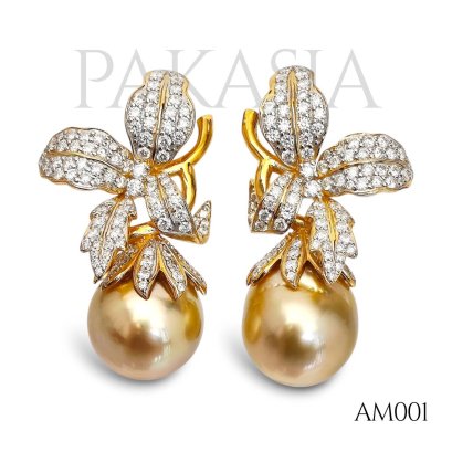 13.2 mm and 13.3 mm, Gold South Sea Pearl, Lilly Moissanite Paved Pearl Stud Earrings