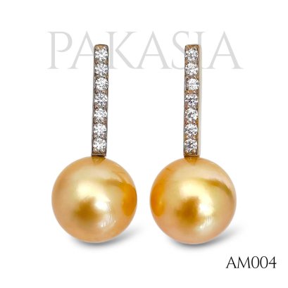 9.6 mm and 9.9 mm, Gold South Sea Pearl, CZ Row Stick Pearl, Stud Earrings