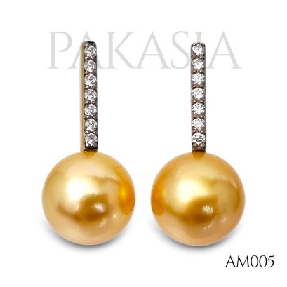 10.6 mm and 10.6 mm, Gold South Sea Pearl, CZ Row Stick Pearl, Stud Earrings