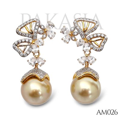12.5 mm and 12.6 mm, Gold South Sea Pearl, Butterfly Dangle Pearl, Stud Earrings