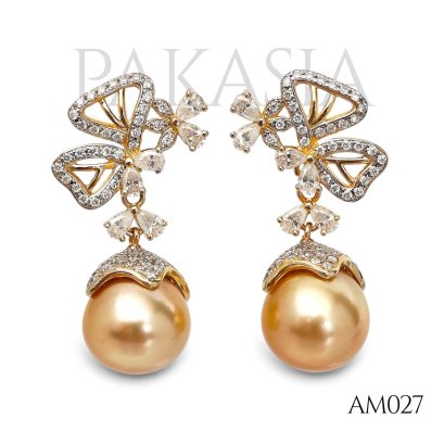 Approx. 12.0 mm, Gold South Sea Pearl, Butterfly Moissanite Dangle Pearl Stud Earrings