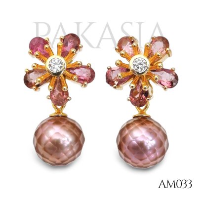 8.2 mm and 8.3 mm, Hanashinju, Freshwater Pearl, Tourmaline Flower Dangle Pearl Jacket, Stud Earrings