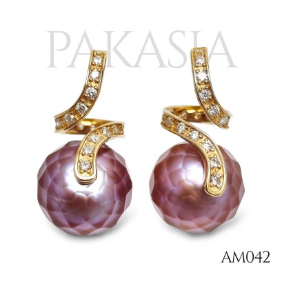 8.5 mm and 8.6 mm, Hanashinju, Freshwater Pearl, Ribbon Diamond Paved, Stud Earrings
