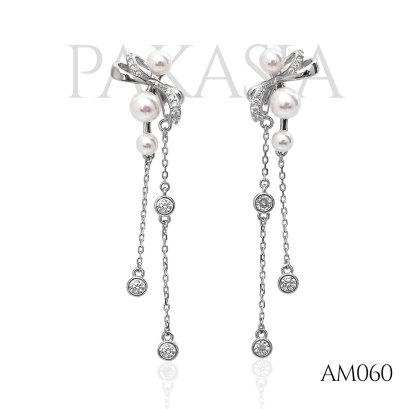 Approx. 4.0 -5.0 mm, AK Pearl, Bow Long Tail Chain Pearl, Stud Earrings