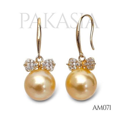 Approx. 9.0 mm, Gold South Sea Pearl, Fish Hooks Bow CZ Dangle Pearl, Fish Hooks Earrings