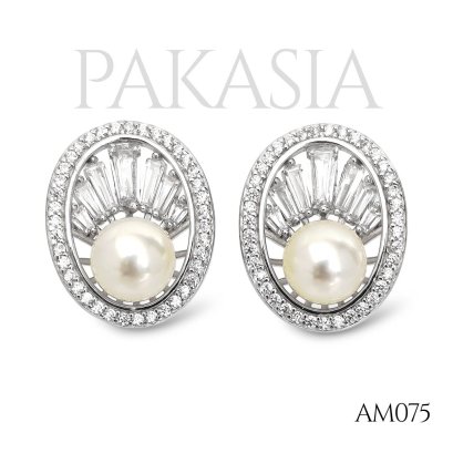 Approx. 7.0 mm, Moonlight, Akoya Pearl, Art Deco CZ Pearl, Stud Earrings