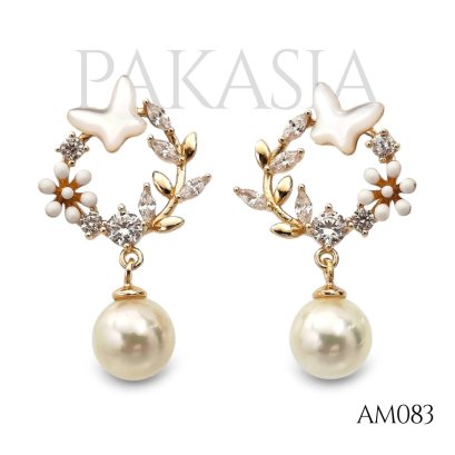 Approx. 7.0 mm, Moonlight, Akoya Pearl, Wreath Butterfly Dangle Pearl, Stud Earrings