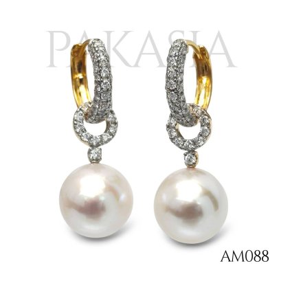 9.6 mm and 9.6 mm, Akoya Pearl, Hoop Diamond with Pearl Jacket, Hoops Earrings
