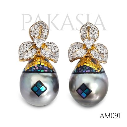 11.3 mm and 11.4 mm, Ariake Robert Wan, Three Petals Diamond Pearl, Stud Earrings