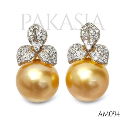12.2 mm and 12.4 mm, Gold South Sea Pearl, Three Petals Diamond Pearl, Stud Earrings