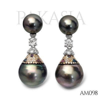 (GIA) 8.04 mm and 8.10 mm, Tahitian Pearl, Pearl Dot Dangle Maki-e Pearl, Stud Earrings