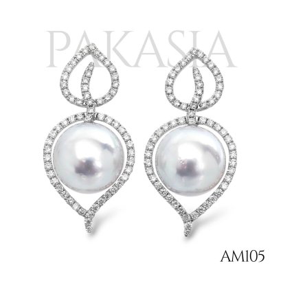 (GIA) 12.25 x 12.11 mm and 12.34 x 12.22 mm, Swan Lot, White South Sea Pearl, Double Leaves Diamond Pearl, Stud Earrings