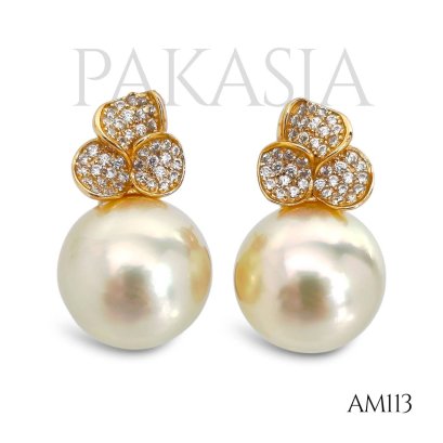 Approx. 11.0 mm up, Gold South Sea Pearl, Unikko CZ Pearl, Stud Earrings