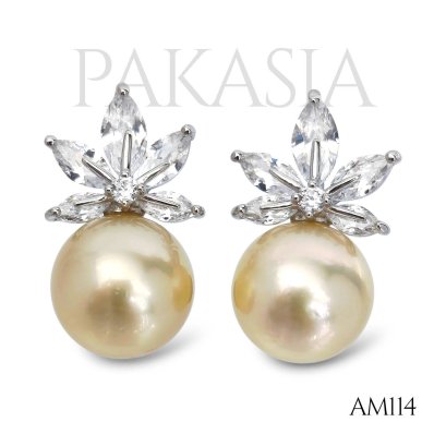 Approx. 9.0 mm, Gold South Sea Pearl, Maple CZ Pearl, Stud Earrings