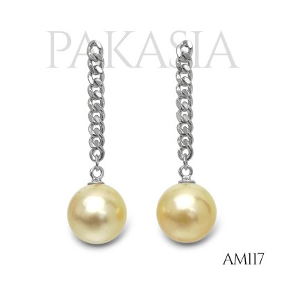 Approx. 10.0 mm, Gold South Sea Pearl, Curb Chain Dangle Pearl, Stud Earrings