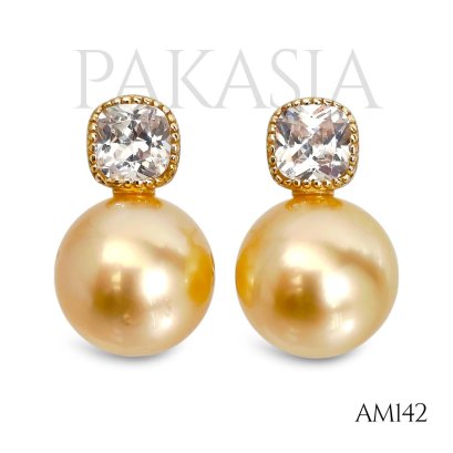 Approx. 10.0 mm, Gold South Sea Pearl, CZ Dot Pearl, Stud Earrings