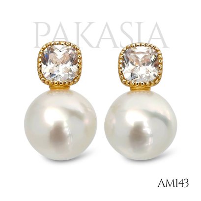 Approx. 9.0 mm, White South Sea Pearl, CZ Dot Pearl, Stud Earrings