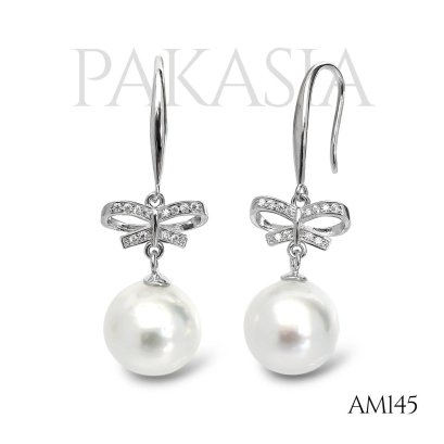 Approx. 10.0 mm, White South Sea Pearl, Bow Dangle Pearl, Fish Hooks  Earrings