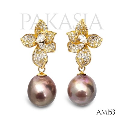 Approx. 11.0-12.0 mm, Edison Pearl, Flower CZ Dangle Pearl, Stud Earrings