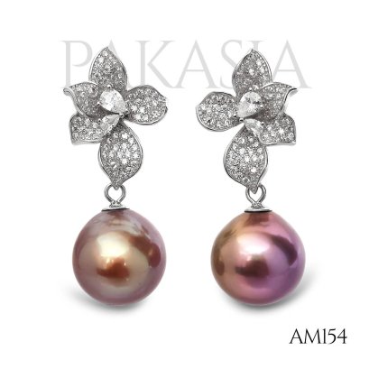 Approx. 12.0 mm, Edison Pearl, Flower CZ Dangle Pearl, Stud Earrings