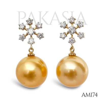 Approx. 11.0 mm, Gold South Sea Pearl, Diamond Snowflake Dangle Pearl, Stud Earrings