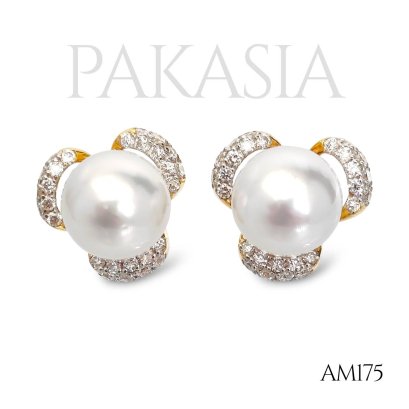 (PSL) Approx. 8.4 mm, Aurora Phoenix, White South Sea Pearl, Three Petals Diamond Pearl, Stud Earrings
