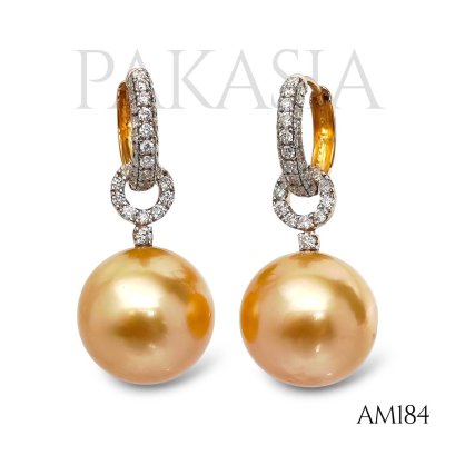 Approx. 12.5 mm, Gold South Sea Pearl, Hoop Diamond Paved Earrings with Pearl Jacket