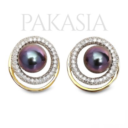 (PSL) 9.2 mm and 9.3 mm, Aurora Sunset Black, Pearl Stud Earrings with Halo Diamond Jacket