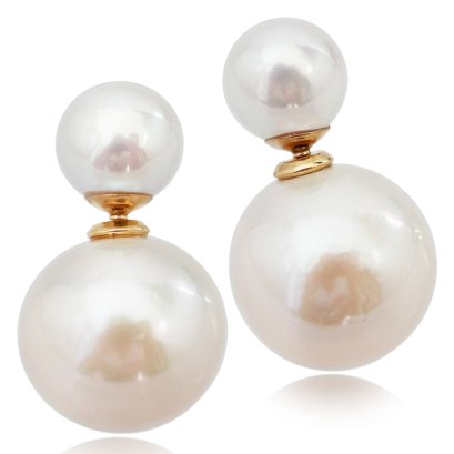 9.0 mm and 15.5 mm, Freshwater Pearl, Front Back Twin Pearl Double Stud Earring