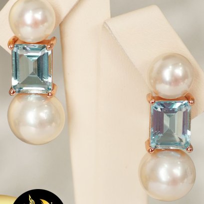 ต่างหูมุกเพตรา มุกบาร็อคขาวคู่ ตัวเรือนเงินแท้ 92.5 ชุบ Pink Gold ประดับพลอยแท้ Sky Blu Topaz / SN0100ZE422