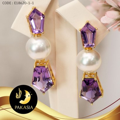ต่างหูประดับพลอย(ใหญ่) พลอยแท้ อเมทิสต์ 15.2ct.[เงินชุุบทอง] มุกแท้เซาท์ซีเซมิขาว AA ขนาด 12-13mm.  / SN1550ZE448