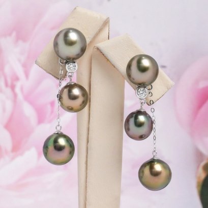 Approx. 8.0 - 10.0 mm, Tahitian Pearl, Stud Dangle Twin-Pearl Earrings